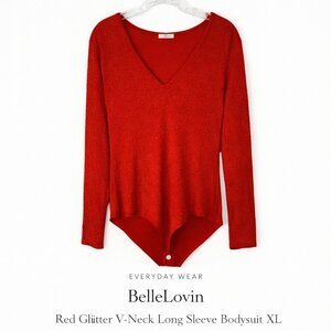 BelleLovin Red Glitter V-Neck Long Sleeve Bodysuit XL Party Top